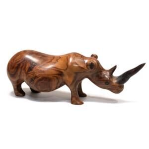 Vintage Hand Carved Wooden Rhino Wood Rhinoceros Figurine Souvenir 7"x2.25" EUC
